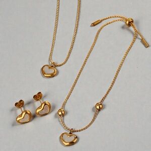 Gold Heart Pendant Necklace, Bracelet & Earrings Set